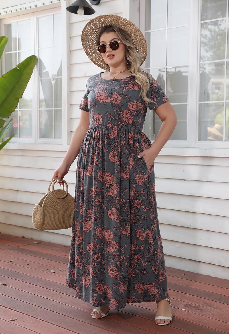 Nemidor Women Short Sleeve Loose Plain Casual Plus Size Long Maxi Dress with Pockets (18,179+Pink Print) - Image 5